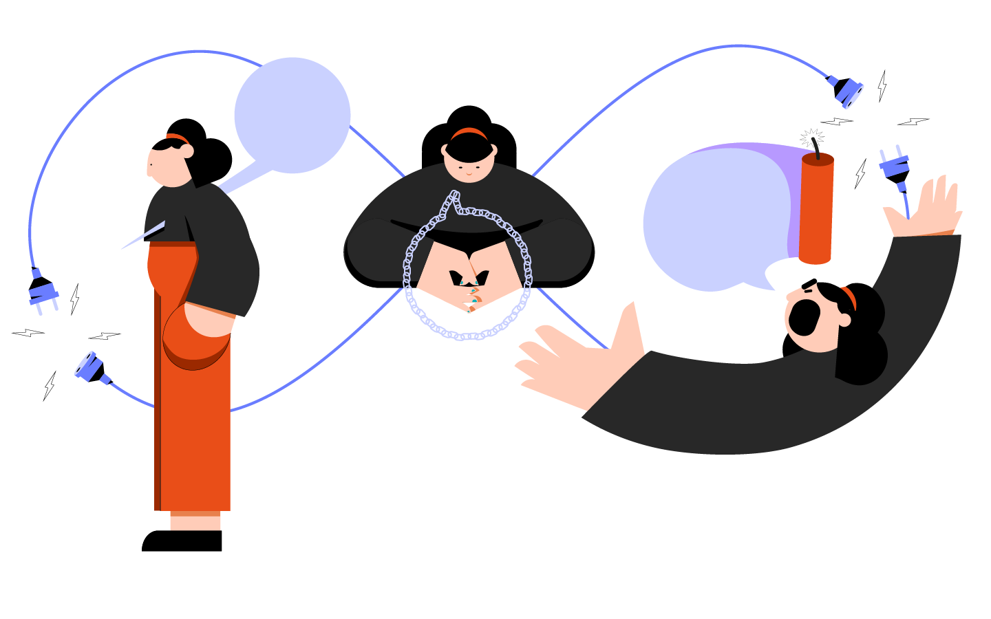 Ilustración de María Cerro con tres figuras profesionales unidas por un cable en forma de infinito.