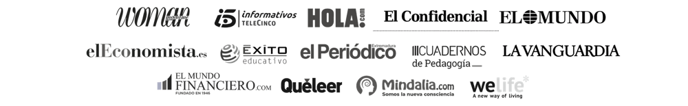 Logotipos de El Mundo, La Vanguardia, El Confidencial, ¡Hola!, Telecinco, El Economista, El Periódico, Cuadernos de Pedagogía, Woman, WeLife, Éxito Educativo, El Mundo Financiero, Quéleer y Mindalia