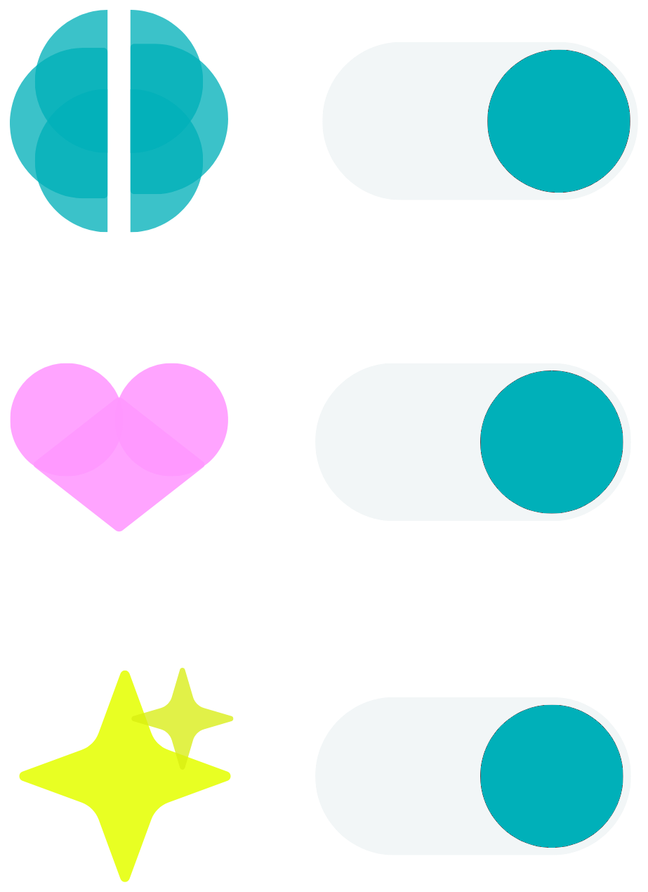 Cerebro, corazón y chispa, cada uno con su interruptor encendido