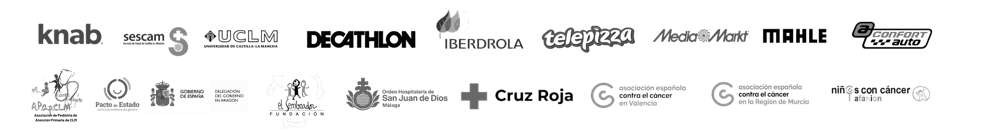 Logotipos de Iberdrola, Decathlon, MediaMarkt, Telepizza, MAHLE, Confortauto, knab, SESCAM, UCLM, Gobierno de España, Cruz Roja, San Juan de Dios, Fundación El Sembrador y Asociación Española Contra el Cáncer